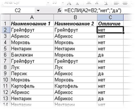 найти различия в столбцах excel